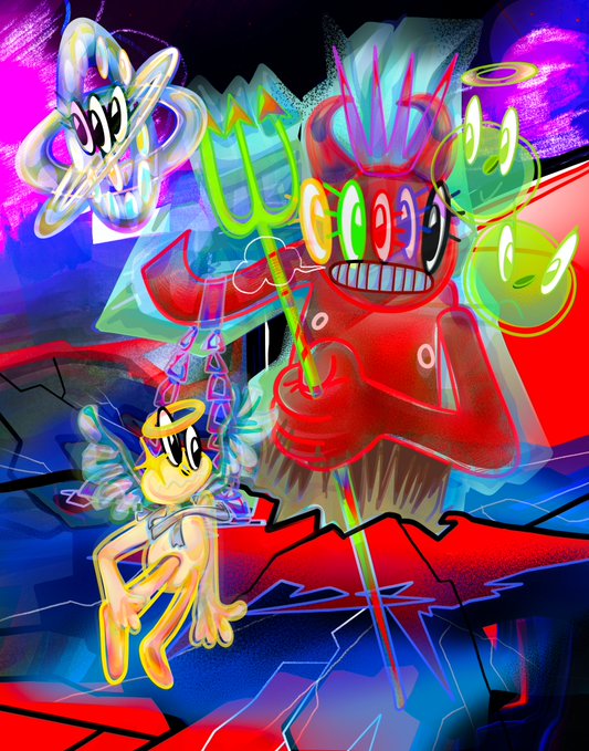 A vibrant, chaotic digital artwork featuring colorful cartoon creatures, neon scribbles, and abstract shapes in bright reds, purples, and greens.