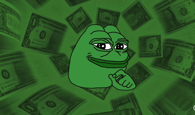 An illustration of the green Pepe the Frog meme character making a hand gesture, surrounded by falling US dollar bills on a green background.