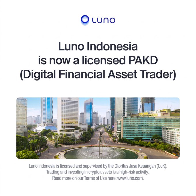 Luno announces that Luno Indonesia is now a licensed PAKD (Digital Financial Asset Trader), regulated by the Otoritas Jasa Keuangan (OJK). The image features a Jakarta cityscape with a central fountain and modern skyscrapers, while noting that crypto trading is a high-risk activity.