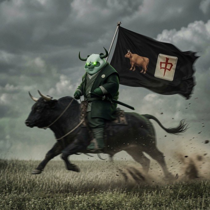 A warrior figure with glowing green eyes, horns, and a panda-like face charges across a battlefield atop a black bull, brandishing a black flag featuring a bull emblem and the Chinese character "中" (meaning "China" or "middle"). The image fits the post's bullish crypto sentiment, visually representing strength and momentum as a rallying call to "GM" (good morning) the ANSEM community aiming for 130k Bitcoin.