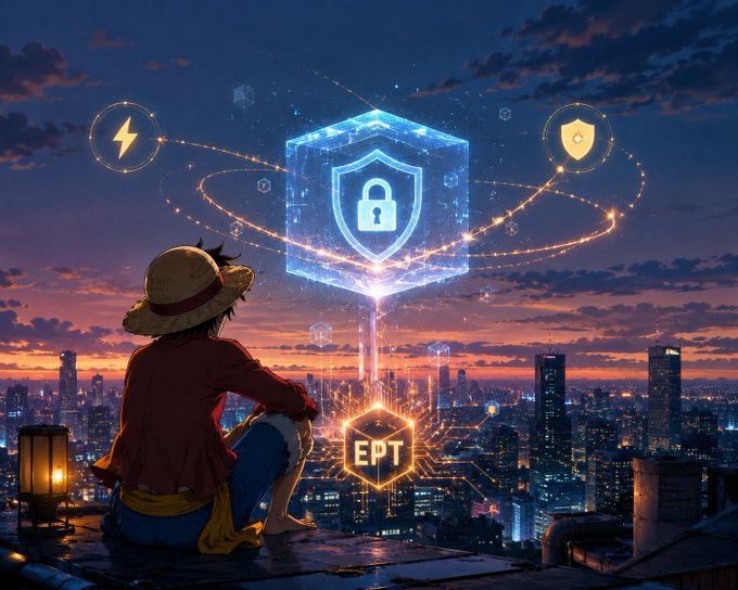 An anime-style digital artwork shows a character in a straw hat sitting on a rooftop overlooking a city skyline at sunset, watching a glowing 'EPT' cube with a shield and padlock icon.