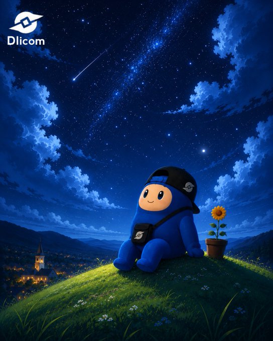 An illustrated nighttime scene featuring a blue mascot character wearing a backwards cap sitting on a grassy hill under a starry sky with a shooting star, accompanied by a small potted sunflower and the "Dlicom" logo in the corner.
