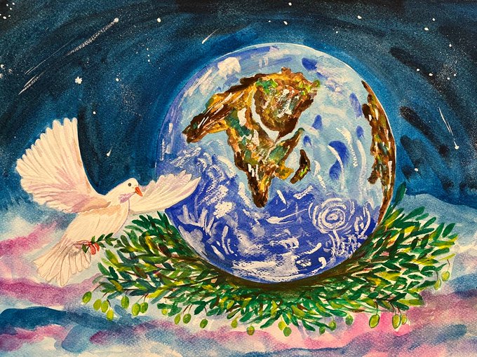 A watercolor painting depicting a white dove carrying an olive branch flying in front of planet Earth, set against a starry night sky with shooting stars and pink clouds.