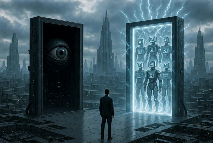 The image features a man standing in front of two large doors, one with an eye and the other with a robot face. The man appears to be looking at the door with the robot face through the glass window. The scene takes place in a city setting, which is visible in the background. The post seems to be discussing the concept of robots or artificial intelligence, possibly drawing inspiration from the image's content.