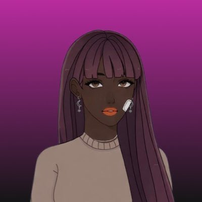 A digital illustration of a young woman with dark purple hair in a bob style with bangs, wearing a light-colored sweater and dangling earrings, set against a purple gradient background.