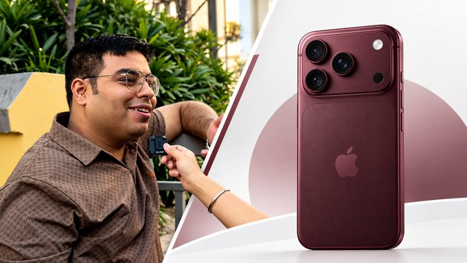 A man holds a small black object while smiling outdoors, shown alongside a product image of a burgundy/dark red iPhone Pro featuring Apple's logo and a triple-camera system. The caption humorously suggests this person wouldn't buy Bitcoin, viewing it as a scam — likely because he'd rather spend his money on premium Apple products like the iPhone shown beside him.