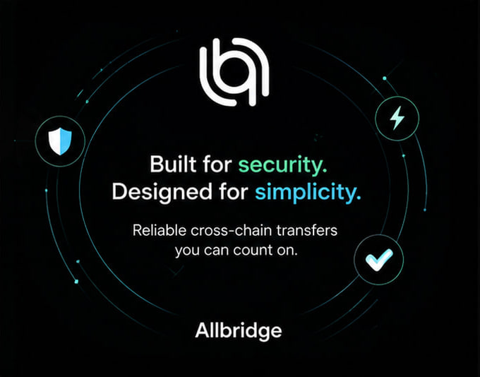 A black promotional graphic for 'Allbridge' with a logo, stating 'Built for security. Designed for simplicity.' and 'Reliable cross-chain transfers you can count on.'