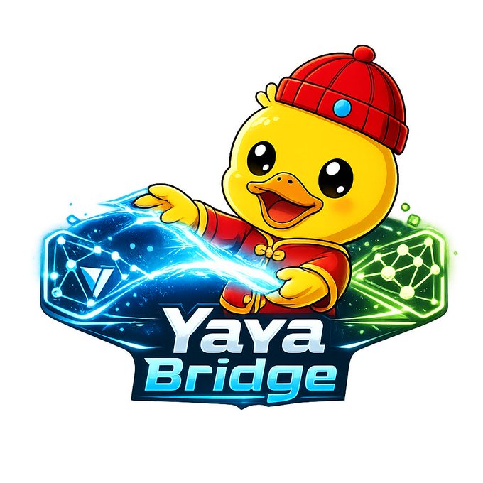A logo featuring a cute yellow duck mascot wearing a red beanie and traditional Chinese outfit, with the text 'Yaya Bridge' displayed on a glowing blue and green shield with blockchain-style icons.