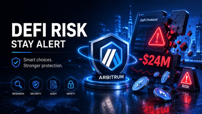 A DeFi risk alert graphic featuring the Arbitrum shield logo, highlighting a -$24M loss with warnings labeled 'RESEARCH', 'SECURITY', 'AUDIT', and 'SAFETY'.