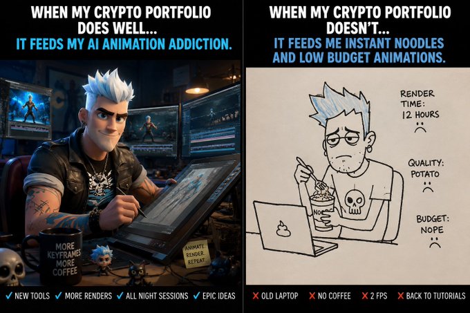 A two-panel meme comparing the creator's experience when their crypto portfolio does well ('It feeds my AI animation addiction', showing a high-quality character render) versus when it doesn't ('It feeds me instant noodles and low budget animations', showing a rough sketch of the same character).