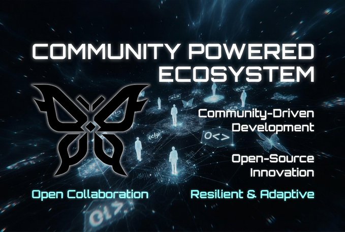 A futuristic graphic titled "COMMUNITY POWERED ECOSYSTEM" displays the Quip Network logo alongside key principles: "Community-Driven Development," "Open-Source Innovation," "Open Collaboration," and "Resilient & Adaptive," reinforcing the post's message about the network's community-focused and decentralized foundation.