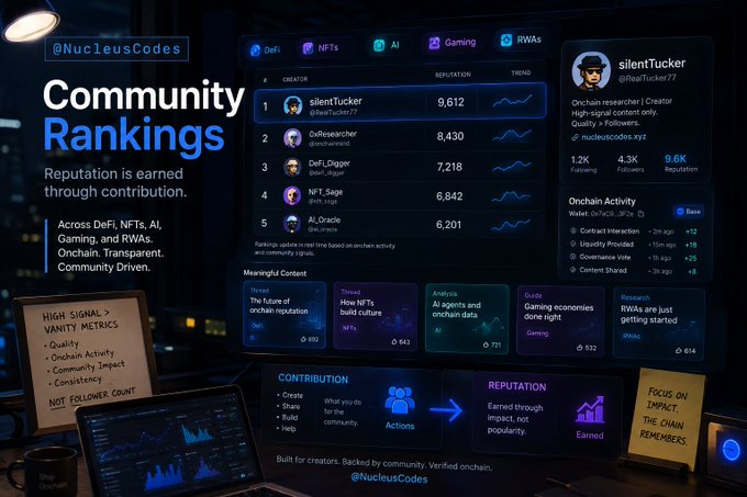 A digital dashboard for @NucleusCodes titled 'Community Rankings' displays reputation scores for crypto creators like silentTucker (9,612) and GoResearcher (8,430) across DeFi, NFTs, and AI categories, with sticky notes emphasizing high-signal metrics over vanity metrics.