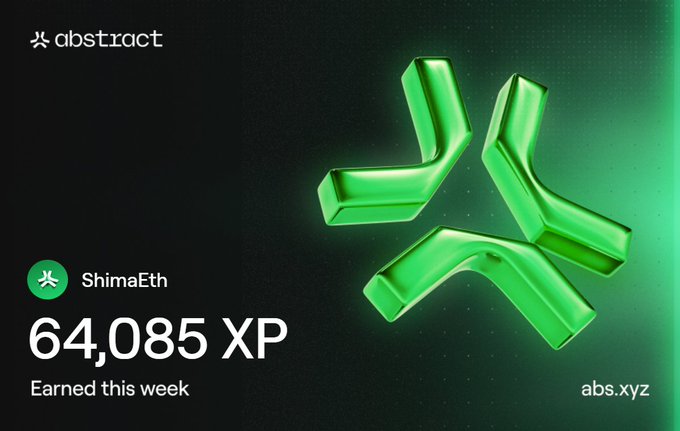Abstract platform banner for user ShimaEth showing '64,085 XP Earned this week' with a green crystalline Abstract logo and the URL abs.xyz.