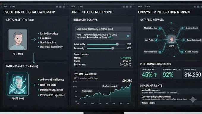 A dark-themed infographic titled 'AINFT INTELLIGENCE ENGINE' contrasts 'Static Asset (The Past)' NFTs with 'Dynamic AINFT (The Future)', showing a 92% personalization score and $14,250 dynamic valuation.