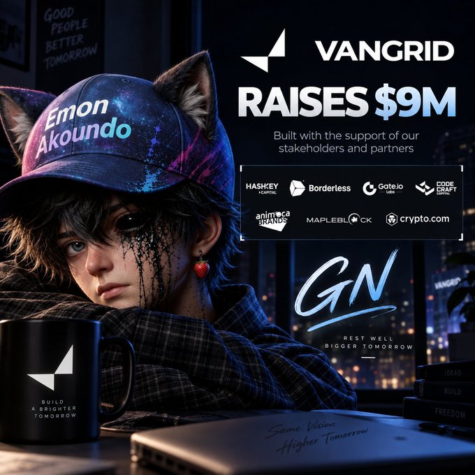 A promotional graphic featuring a character with cat ears wearing a galaxy-patterned cap reading 'Emon Akoundo' and a strawberry earring, advertising 'VANGRID RAISES $9M' with logos for Borderless, Gate.io, CODE CRAFT, animeBRANDS, MAPLEBLOCK, and crypto.com, alongside the slogan 'GOOD PEOPLE BETTER TOMORROW' and 'GN REST WELL BIGGER TOMORROW'.