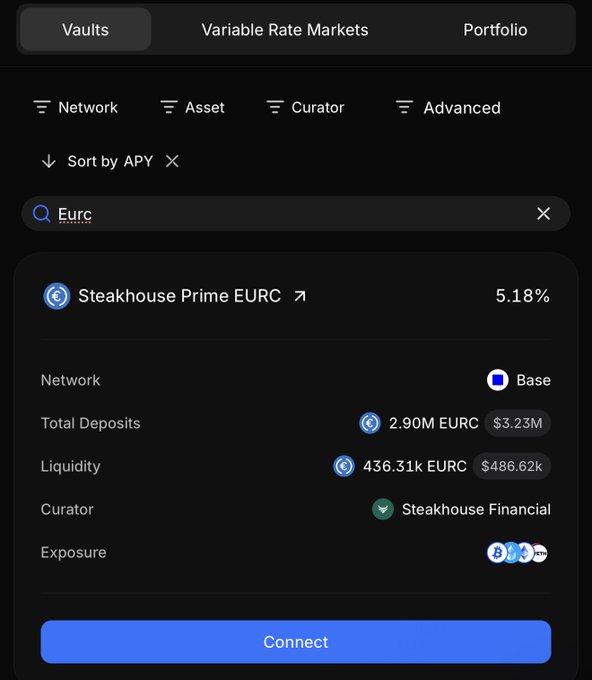 A screenshot of a cryptocurrency vault interface showing 'Steakhouse Prime EURC' with 5.18% APY, including details like Network (Base), Total Deposits (2.90M EURC), Liquidity (436.31k EURC), and Curator (Steakhouse Financial).
