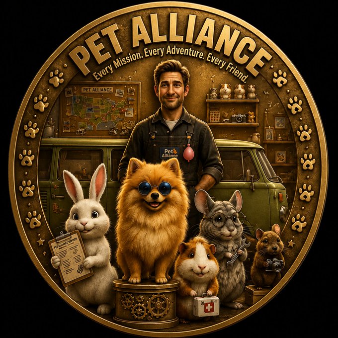 A circular logo for 'PET ALLIANCE' with the tagline 'Every Mission. Every Adventure. Every Friend,' depicting a man in a denim jacket surrounded by various cartoon pets in a workshop setting.