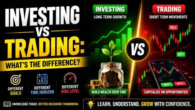A comparison infographic titled 'INVESTING VS TRADING: WHAT'S THE DIFFERENCE?' contrasting long-term growth investing with short-term trading movements, featuring growth charts, a money jar with a growing plant, and a smartphone displaying buy/sell options.
