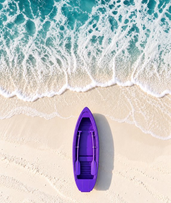 A vibrant purple boat rests on a sandy shoreline as turquoise waves crash along the beach. The scene captures the "riding the wave" spirit of Uptober, with the boat poised at the water's edge ready to set sail into bullish crypto markets.