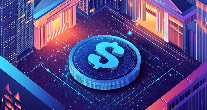 A neon-lit isometric digital artwork featuring a glowing dollar sign coin in the center of a futuristic cityscape with blue and orange tones.