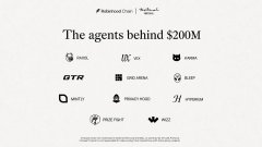 A black-and-white infographic titled 'The agents behind $200M' displaying logos of participating companies including GTR, OpenAI, Coinbase, ETH, (UNKNOWN), USDT, POSITION, JL, PAUL TAT, and WIZ.