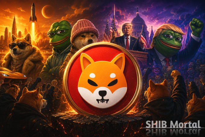 A dramatic meme illustration featuring a central Shiba Inu emblem surrounded by Pepe frogs, Doge characters, and political figures like Trump, with rockets, the Capitol building, and cheering crowds in the background, captioned "SHIB Mortal" — visually capturing the post's theme of $SHIB's historical cycles of meme-coin dominance and its potential comeback in 2026.