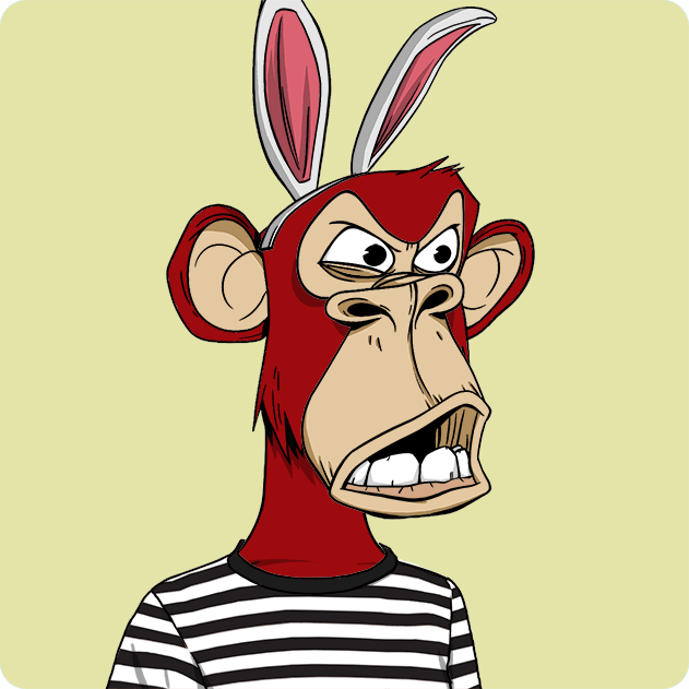 The image features a cartoon character, likely an anthropomorphic animal or a monkey, wearing a bunny ear headband with red ears. The character appears to be wearing a striped shirt and has a funny expression on their face. The caption of the image reads "Ape #5019 Bought for 8.69 WETH 0x0742...912d 0x7Cb3..." which suggests that this character is being sold or bought by someone, possibly online.