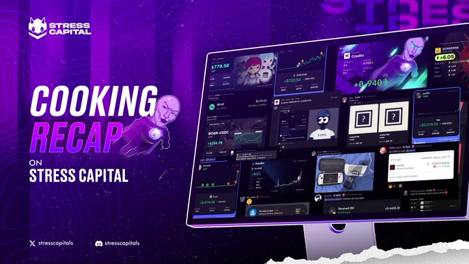 Promotional graphic for "Stress Capital" featuring the text "COOKING RECAP ON STRESS CAPITAL" alongside a monitor displaying crypto trading dashboards and NFT collections, with the social media handle "stresscapitals".