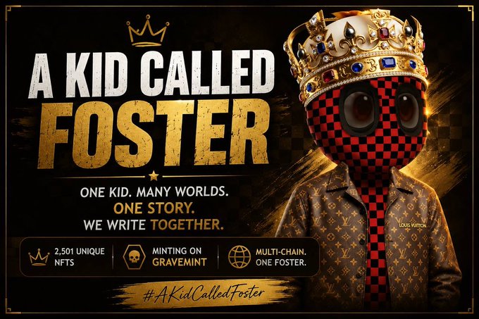 An NFT promotional banner titled 'A KID CALLED FOSTER' featuring a character wearing a crown and a Louis Vuitton patterned jacket, with text 'ONE KID. MANY WORLDS. ONE STORY. WE WRITE TOGETHER.' and '2,501 UNIQUE NFTS'.