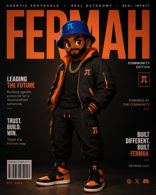 A magazine-style poster features a cartoon character in streetwear with a 'FERMAH' logo, promoting 'AGENTIC PROTOCOLS' and 'REAL AUTONOMY' at fermah.xyz.