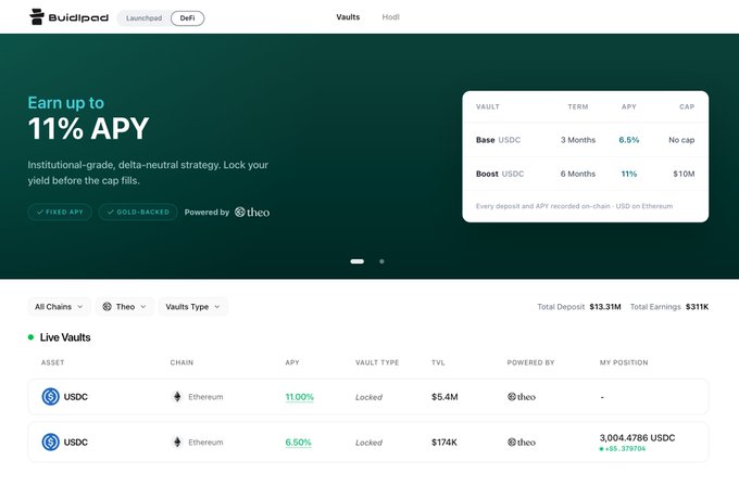 A screenshot of the Buildpad DeFi platform on the Houdi network, advertising 'Earn up to 11% APY' with a delta-neutral strategy powered by theo, showing live USDC vaults with 11.00% and 6.50% APY on Ethereum.