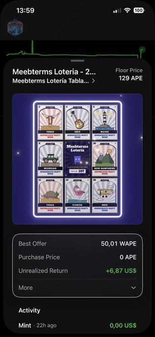 A mobile NFT marketplace screen displays “Mee’bterms Lotería - 2…” with “Floor Price 129 APE,” a 3-by-3 card grid, and details including “Best Offer 50,01 WAPE,” “Unrealized Return +6,87 US$,” and “Activity.”