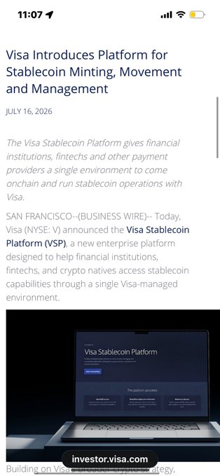 A screenshot from Visa's investor relations website announcing the launch of the Visa Stablecoin Platform (VSP), a new enterprise product for financial institutions and fintechs to mint, move, and manage stablecoins like Open USD, dated July 16, 2026. The image shows a laptop displaying the platform's interface, aligning with Visa's press release about introducing beta access to its stablecoin infrastructure.