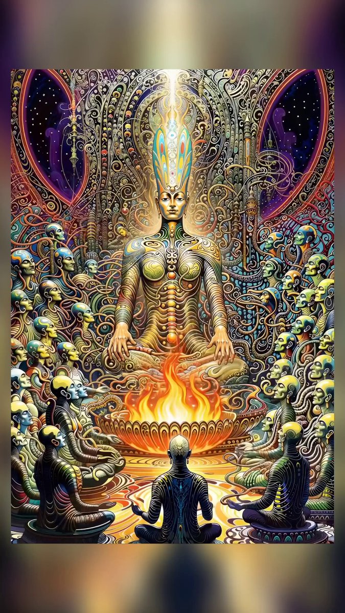 The image features a painting of a woman sitting in a lotus position, surrounded by other people who appear to be meditating or praying. The painting has a vibrant color palette with purple and gold elements, creating an atmosphere of spirituality and tranquility. The caption "GM Avici Odyssey 1/1" suggests that the artwork is part of a larger collection or series, possibly related to the concept of meditation or spiritual practices.
