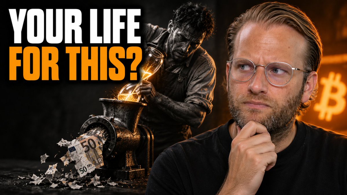 A YouTube thumbnail features a man with glasses next to text reading 'YOUR LIFE FOR THIS?', alongside imagery of a worker pouring gold and shredding a 50 Euro note, with a Bitcoin symbol in the background.