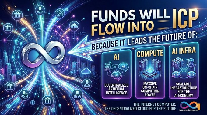 The image is a promotional graphic stating "FUNDS WILL FLOW INTO ICP BECAUSE IT LEADS THE FUTURE OF: AI - Decentralized Artificial Intelligence, COMPUTE - Massive On-Chain Computing Power, and AI INFRA - Scalable Infrastructure for the AI Economy," positioning Internet Computer (ICP) as "The Decentralized Cloud for the Future." The graphic ties into the post's message about utility-driven altcoin gains by framing ICP as a fundamentally useful project in AI and decentralized computing, suggesting capital will rotate toward tokens with real-world applications rather than speculative assets.