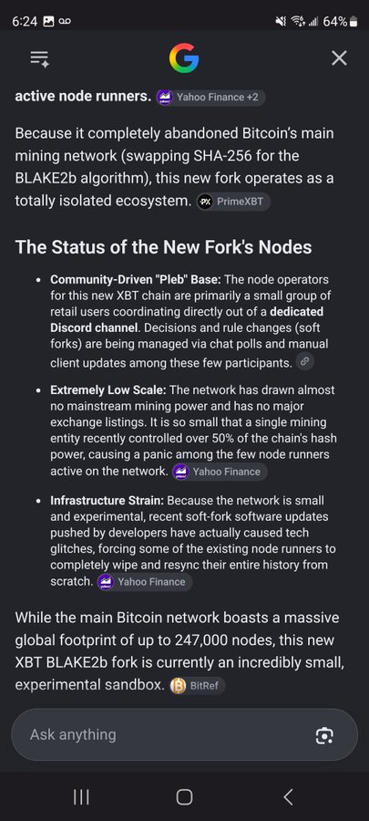 A smartphone screenshot showing Google search results about 'active node runners' for a Bitcoin fork (XBT) that abandoned SHA-256 for the BLAKE2b algorithm, describing it as community-driven but extremely small scale with infrastructure strain.
