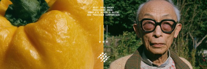 A split image showing a yellow gourd next to an elderly man wearing round sunglasses, overlaid with text reading "BEST IPV6 PROXY PROVIDERS 2026: COMPLETE BUYER'S GUIDE AND PROVIDER COMPARISON" with downward arrows. The image serves as a striking visual header for the IPv6 proxy provider comparison guide, juxtaposing the gourd and man imagery with the informational text overlay.