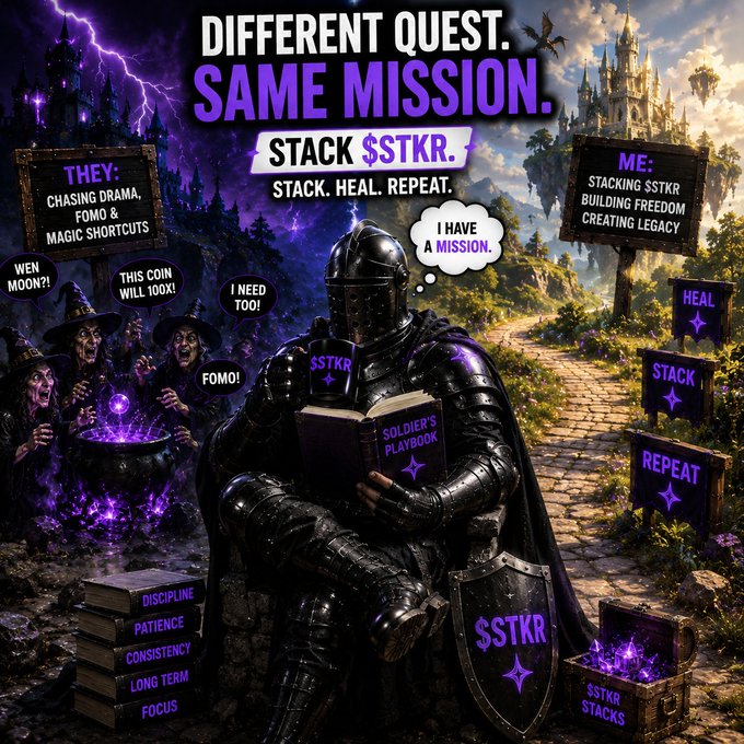 A fantasy-themed crypto promotional graphic for '$STKR' featuring a knight in black armor reading 'Soldier's Playbook,' with witches on the left and a castle on the right; text includes 'DIFFERENT QUEST. SAME MISSION.', 'STACK $TKR. STACK. HEAL. REPEAT.', and values like 'DISCIPLINE', 'PATIENCE', 'CONSISTENCY'.