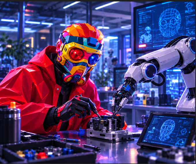 A person in a red jacket and colorful geometric helmet works on electronics alongside a white robotic arm in a high-tech lab with skull hologram displays on monitors.