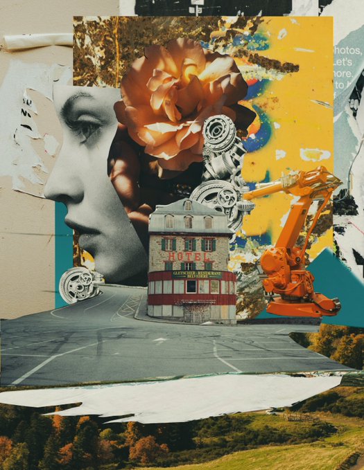 A vibrant, artistic collage featuring a classical statue profile, a large orange rose, mechanical gears, an orange robotic arm, a building with a 'HOTEL' sign, and a winding road set against a yellow background.