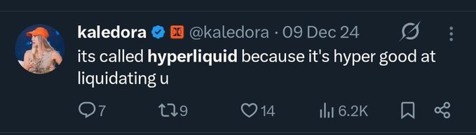 The image shows a tweet from kaledora (@kaledora) dated 09 Dec 24, reading: "its called **hyperliquid** because it's hyper good at liquidating u." The post has 7 replies, 9 reposts, 14 likes, and 6.2K views. The accompanying post about karma humbling you pairs with the tweet's humor about Hyperliquid—a decentralized exchange—metaphorically "liquidating" users, suggesting poetic justice for those who doubted or underestimated it.