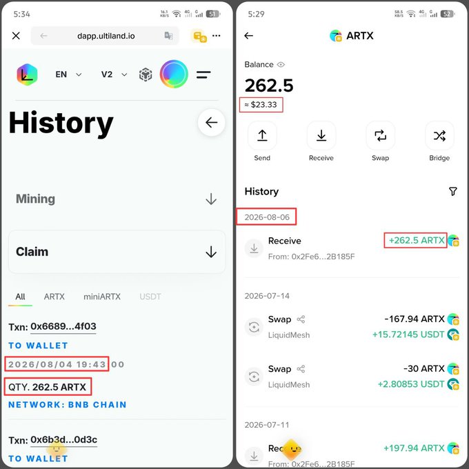 The image shows two screenshots verifying the claim: the left displays the ULTILAND history page confirming a transaction on 2026/08/04 for QTY 262.5 ARTX, while the right shows an ARTX wallet balance of 262.5 (≈$23.33) with a received entry of +262.5 ARTX dated 2026-08-06, matching the post's claim of receiving 262.5 ARTX ($23+) from @ULTILAND.