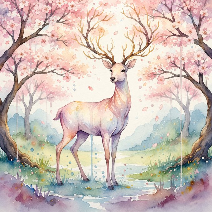A soft watercolor painting of an elegant deer with large antlers standing among blooming pink cherry blossom trees in a dreamy pastel landscape.