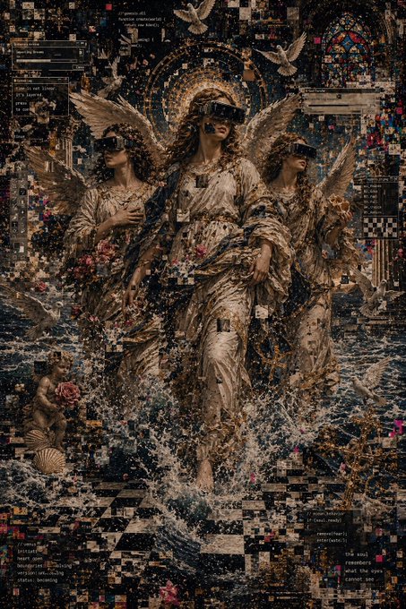 A complex digital collage featuring classical angelic figures wearing VR headsets, interspersed with code snippets and pixelated glitch art.