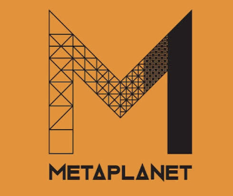 The orange logo of 'METAPLANET' featuring a stylized letter 'M' constructed from geometric patterns.