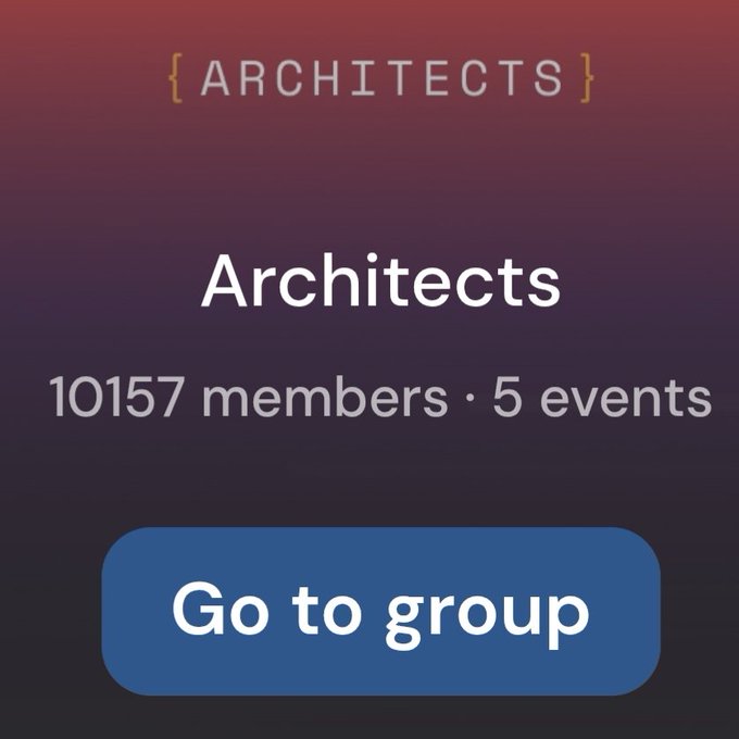 The image shows a group profile for "Architects" with 10,157 members and 5 events, featuring a "Go to group" button. This visualizes the post's claim about the Architects role growing by 3,500+ users, likely from the Arc House points system referenced.