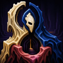 A dark fantasy pixel art image showing an arched doorway framed by cream and blue robes, with a white mask hanging above and red fabric draped below.