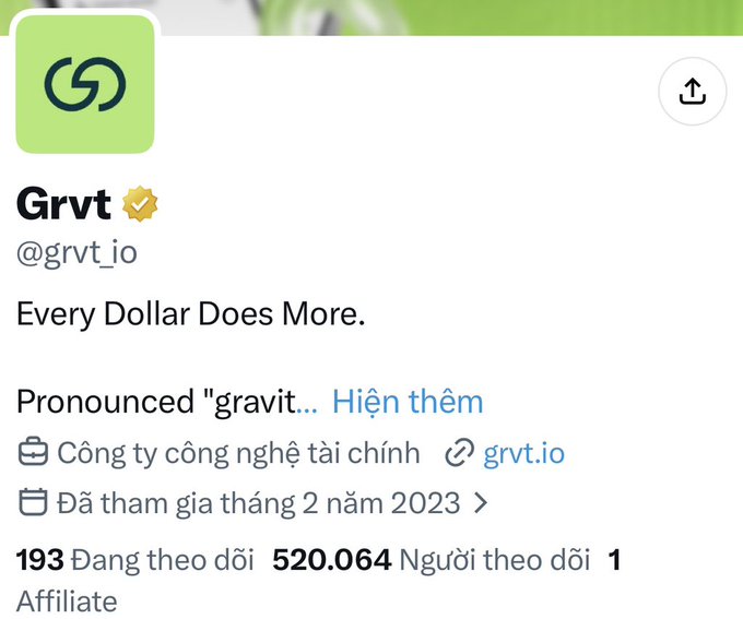 A Twitter/X profile for 'Grvt' (@grvt_io) with the bio 'Every Dollar Does More,' described as a financial technology company that joined in February 2023 with 520,064 followers.