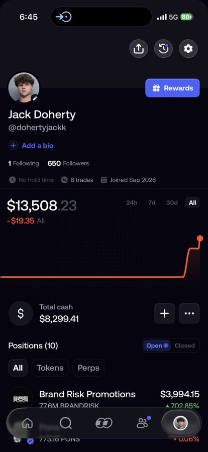 The image shows a trading profile page for Jack Doherty (@dohertyjackk), displaying an account value of $13,508.23 with a small -$19.35 loss and a sharply spiking chart that mirrors the post's tone of anticipating volatile price movements returning after a period of stability.